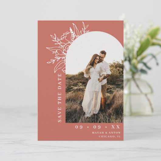 Boho Bloemenboog Foto Terracotta Bruiloft Save The Date (Staand voorkant)