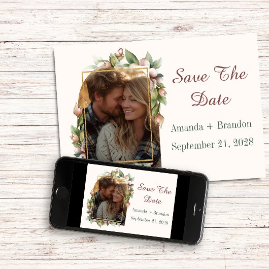 Boho bloemenboog foto voor verlovingskaart save the date