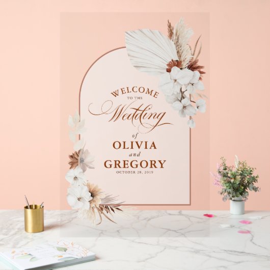 Boho Bloemenboog Trouw Welkom Acryl Bord (Huwelijk)