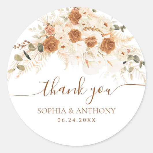 Boho Bloemenbruiloft Dank u Ronde Sticker (Voorkant)