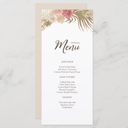 Boho Bloemenbruiloft Flat Menu (Voorkant / Achterkant)
