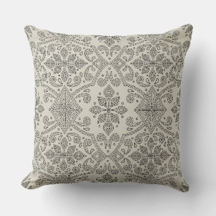 Boho bloemendamask lijnkunst, zwart op beige kussen