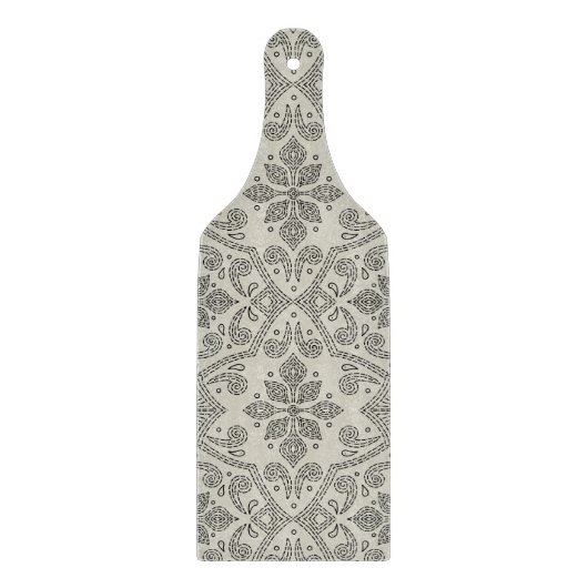 Boho bloemendamask lijnkunst, zwart op beige snijplank (Voorkant)