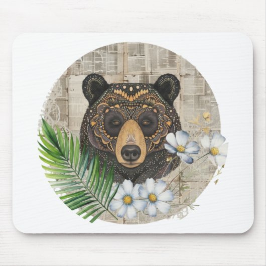 Boho bloemende beer op vintage papier muismat (Voorkant)