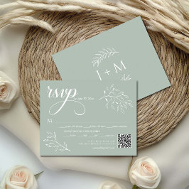 Boho Bloemendecor Saliegroen Calligrafie QR-code RSVP Kaartje