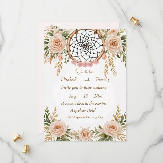 Boho Bloemendreamcatcher 'Save the Date'-kaart Save The Date (Voorkant / Achterkant in situ)