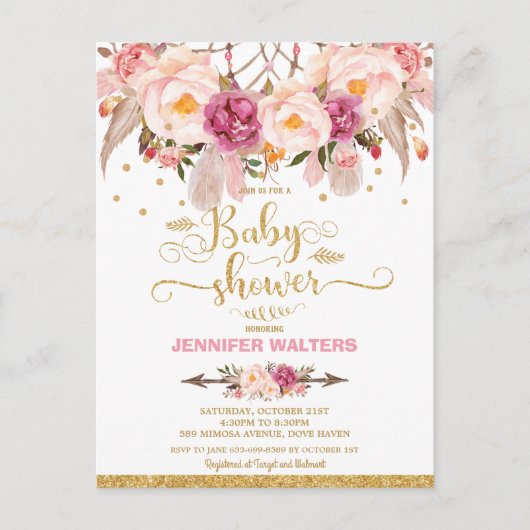 Boho Bloemendroomvanger Baby Shower Uitnodiging (Voorkant)