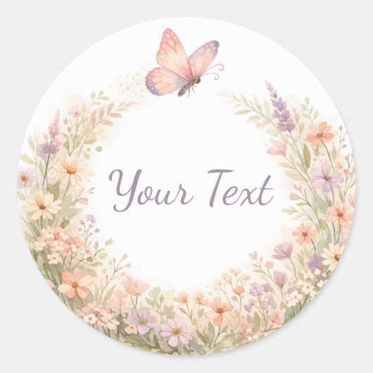 Boho bloemenen krans met vlinder ronde sticker (Voorkant)