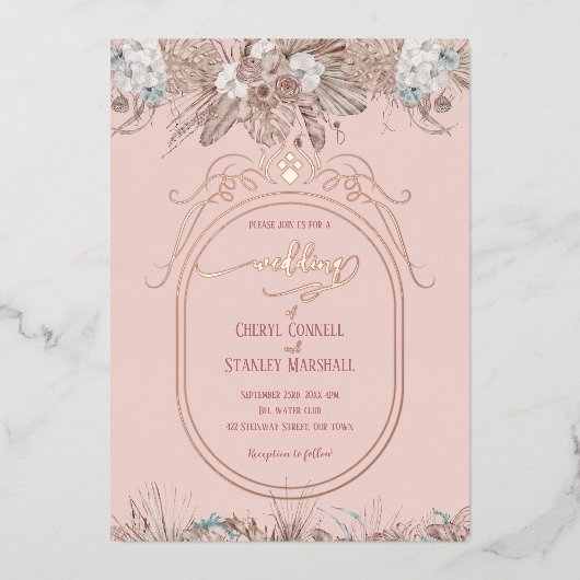 Boho bloemengoud roos bruiloft folie uitnodiging (Voorkant)