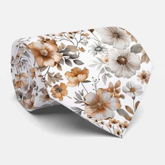 Boho bloemengruis bruin neutraal kleuren trouw bru stropdas (Opgerold)