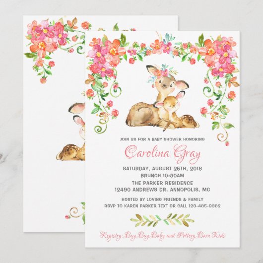 Boho bloemenhertenuitnodiging roze Baby shower Kaart (Voorkant / Achterkant)