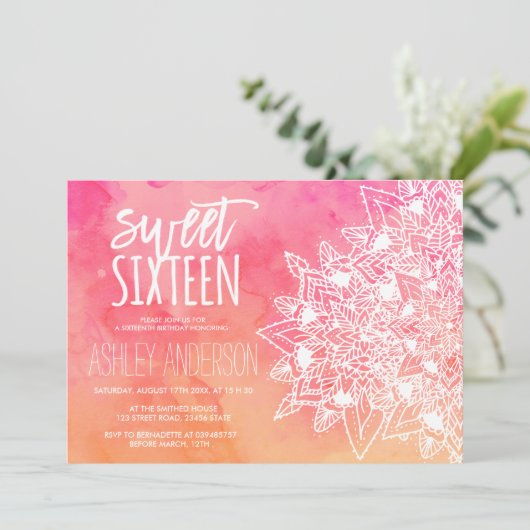 Boho bloemenkant mandala roze waterverf Sweet 16 Kaart (Staand voorkant)