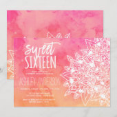 Boho bloemenkant mandala roze waterverf Sweet 16 Kaart (Voorkant / Achterkant)