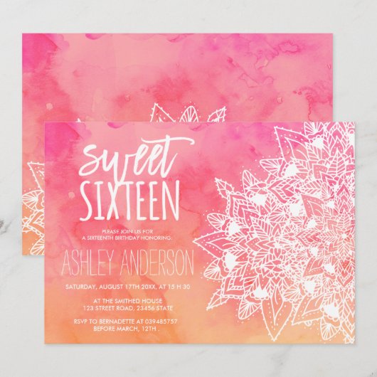 Boho bloemenkant mandala roze waterverf Sweet 16 Kaart (Voorkant / Achterkant)