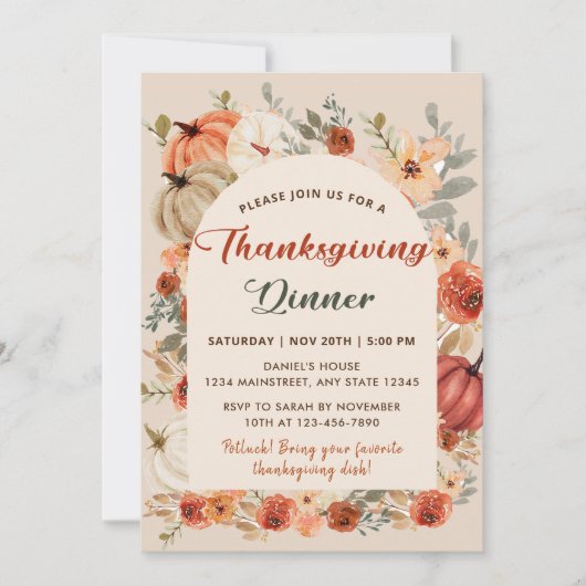 Boho bloemenkleuren pompoen thanksgiving diner kaart (Voorkant)