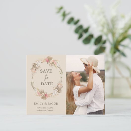 Boho bloemenkrans Save the date Briefkaart (Staand voorkant)