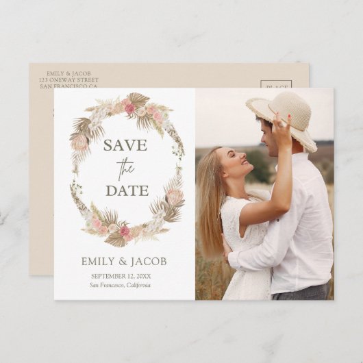 Boho bloemenkrans Save the date Briefkaart (Voorkant / Achterkant)