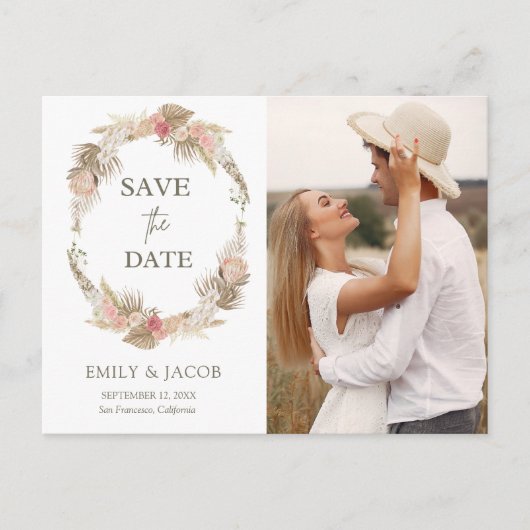 Boho bloemenkrans Save the date Briefkaart (Voorkant)