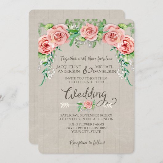 Boho Bloemenkroon Baby's Adem Houten Schutting Tro Kaart (Voorkant / Achterkant)