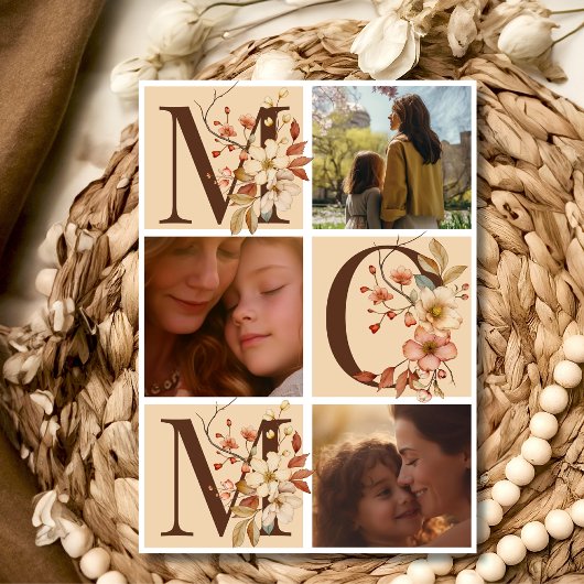 Boho bloemenletters moeder drie foto's Moederdag Feestdagenkaart
