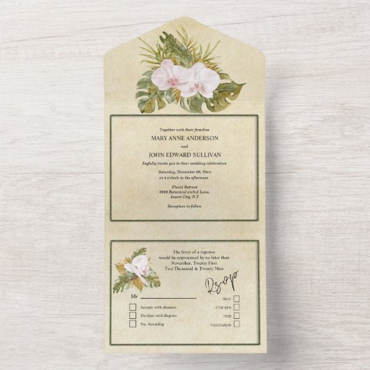 Boho bloemenorchidee groen lijst rustiek all in one uitnodiging (Binnen)