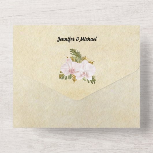 Boho bloemenorchidee groen lijst rustiek all in one uitnodiging (Achterkant)