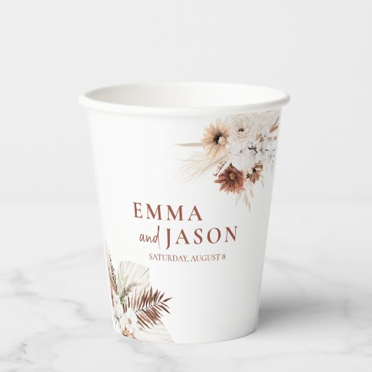 Boho bloemenpampagras bruiloft papieren bekers (Voorkant)