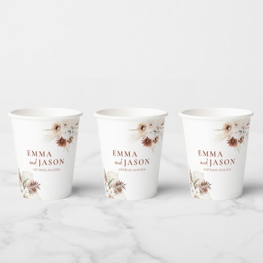 Boho bloemenpampasgras bruiloft papieren bekers (Multi)