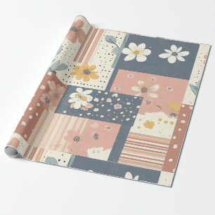 Boho bloemenpatchwork in terracotta en salie cadeaupapier