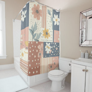 Boho bloemenpatchwork in terracotta en salie douchegordijn