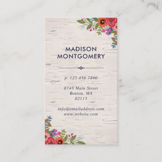 Boho Bloemenpatroon - Navy Blue & Birch Visitekaartje (Achterkant)