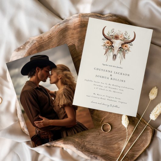 Boho Bloemenschedel Westerse Trouwfoto Kaart