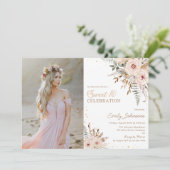 Boho bloemenschrift gouden glitter zoet 16 foto kaart (Staand voorkant)