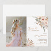 Boho bloemenschrift gouden glitter zoet 16 foto kaart (Voorkant / Achterkant)