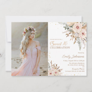 Boho bloemenschrift gouden glitter zoet 16 foto kaart