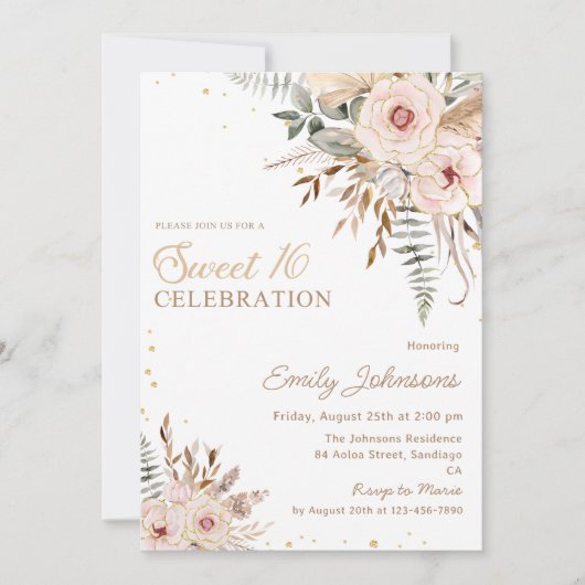 Boho bloemenscript gouden glitter zoet 16 verjaard kaart (Voorkant)