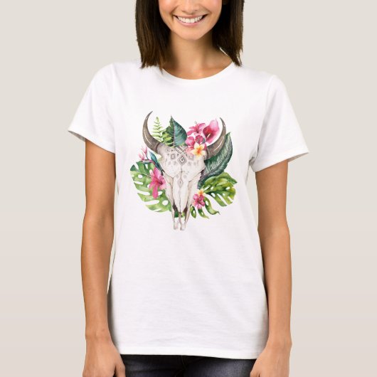 Boho Bloemenskelet Teal Tropisch Eiland Paradijs T-shirt (Voorkant)