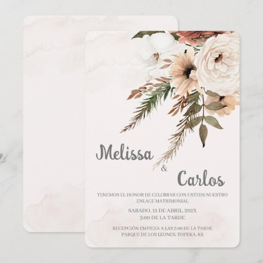 Boho bloemenspaanse bruiloft uitnodiging (Voorkant / Achterkant)