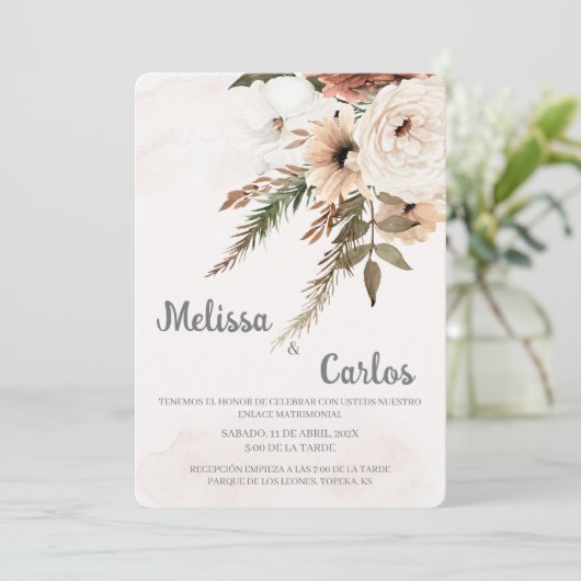Boho bloemenspaanse bruiloft uitnodiging (Staand voorkant)