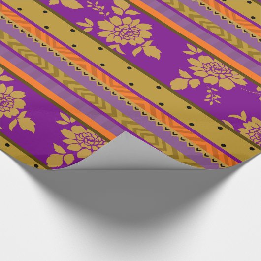 Boho bloemenstrepen Paarse mosterdgeel patroon Cadeaupapier (Hoek)