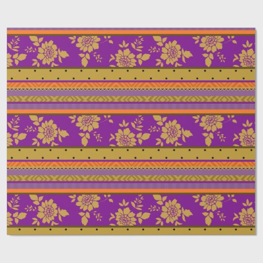 Boho bloemenstrepen Paarse mosterdgeel patroon Cadeaupapier (Vlak)