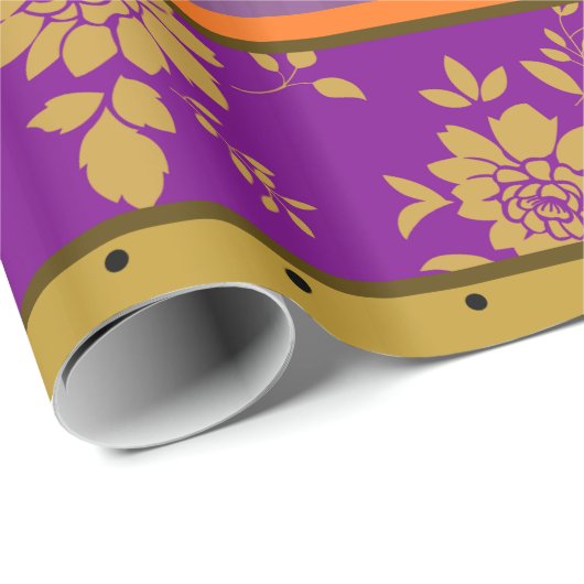 Boho bloemenstrepen Paarse mosterdgeel patroon Cadeaupapier (Rol Hoek)