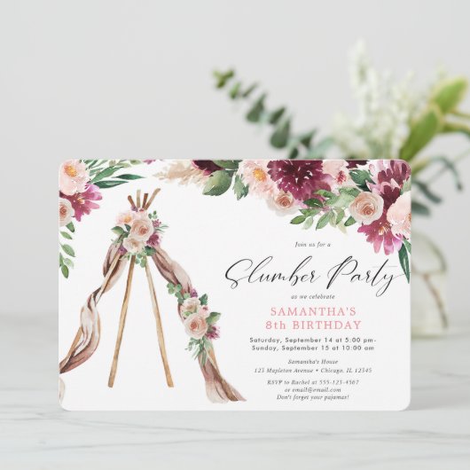 Boho bloementipi tent sluimer feest verjaardag kaart (Staand voorkant)