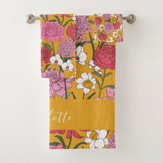 Boho Bloementuin Geel Gepersonaliseerde Naam Bad Handdoek (Insitu)
