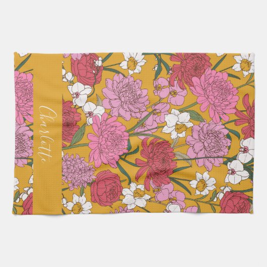 Boho Bloementuin Geel Gepersonaliseerde Naam Theedoek (Horizontaal)