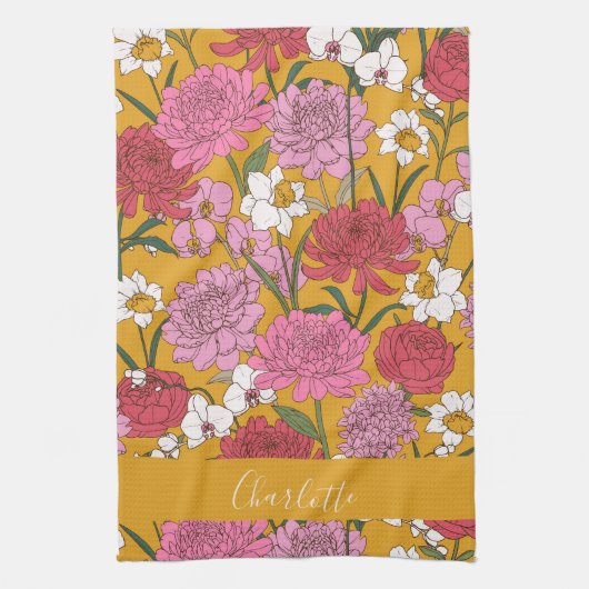 Boho Bloementuin Geel Gepersonaliseerde Naam Theedoek (Verticaal)