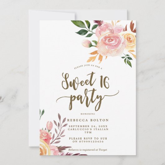 boho bloemenveer Sweet 16 uitnodiging (Voorkant)
