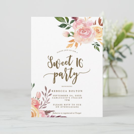 boho bloemenveer Sweet 16 uitnodiging (Staand voorkant)
