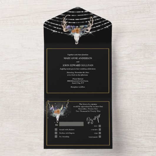 Boho bloemenzwart sinaasappel paarse snaarlampen c all in one uitnodiging (Binnen)