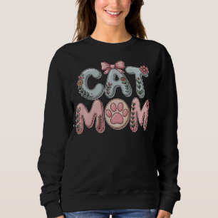Boho bloemgestikte grafische Cat Mom Trui